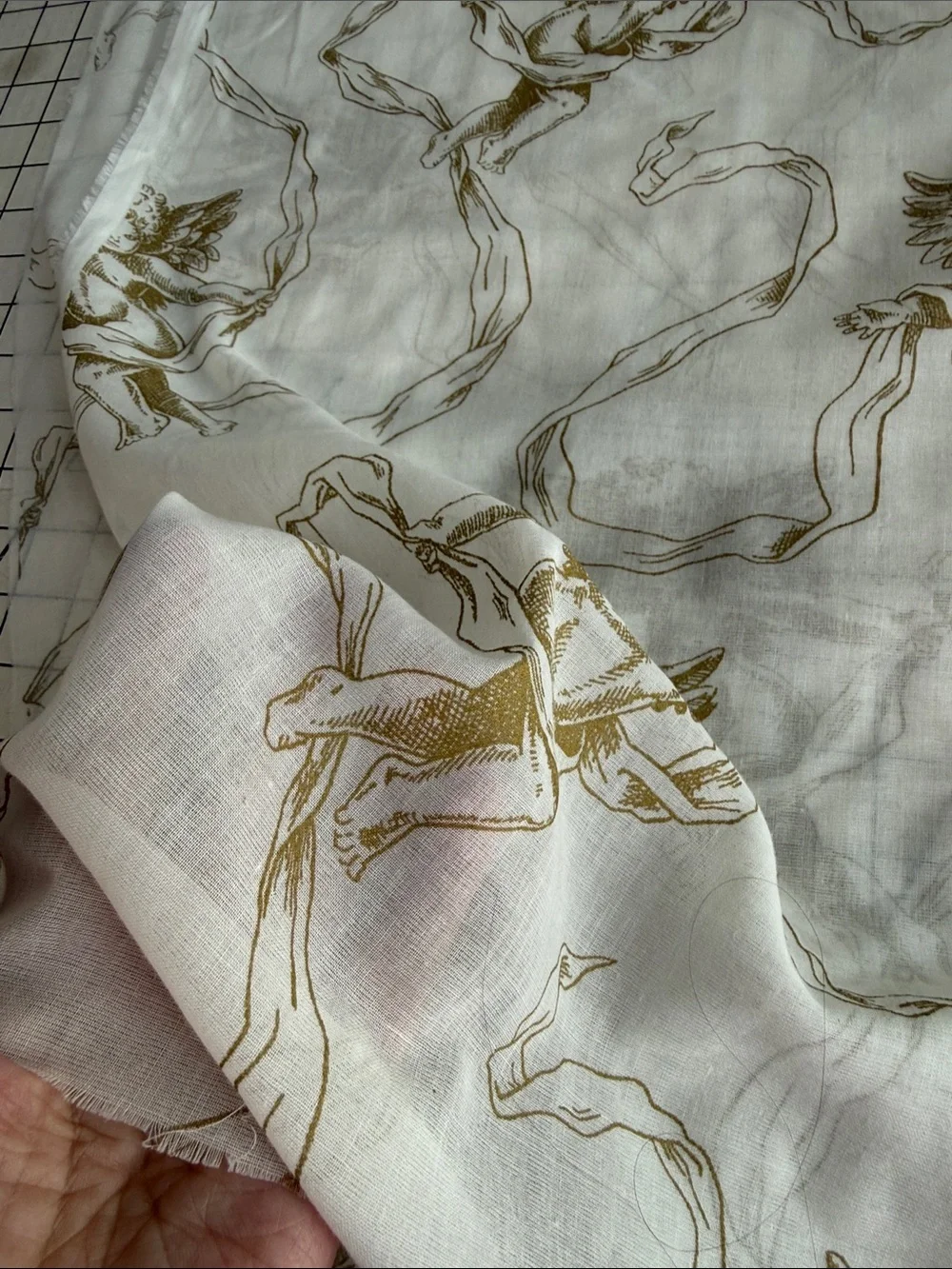 1¾ Yds Vintage Style Cherub Voile Fabric 58” Wide Semi Sheer Ivory Gold Romantic
